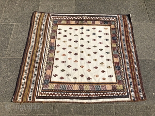 Antique Sofreh (bread or dining cloth) woven by Qashqai tribes of Southwest Persia, size: ca. 135x115cm / 4'4''ft x 3'8''ft , age: early 20th century, wool on white cotton
    