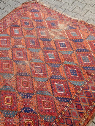 Rare and early Turkmen Ersari main-carpet with beautiful colors and a very nice and unique change of color palette. Size: 335x175cm / 11ft x 5'8''ft some condition problems but still a very  ...