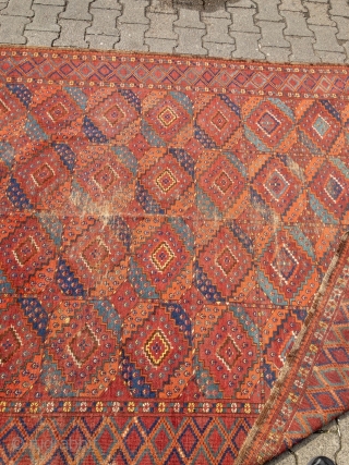 Rare and early Turkmen Ersari main-carpet with beautiful colors and a very nice and unique change of color palette. Size: 335x175cm / 11ft x 5'8''ft some condition problems but still a very  ...