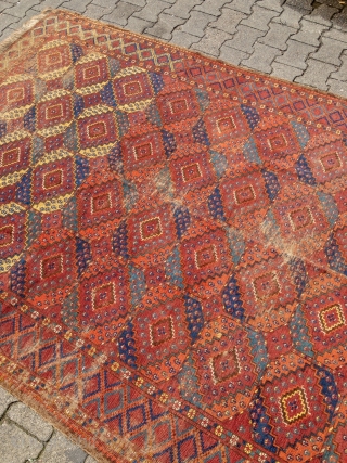 Rare and early Turkmen Ersari main-carpet with beautiful colors and a very nice and unique change of color palette. Size: 335x175cm / 11ft x 5'8''ft some condition problems but still a very  ...