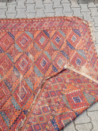 Rare and early Turkmen Ersari main-carpet with beautiful colors and a very nice and unique change of color palette. Size: 335x175cm / 11ft x 5'8''ft some condition problems but still a very  ...