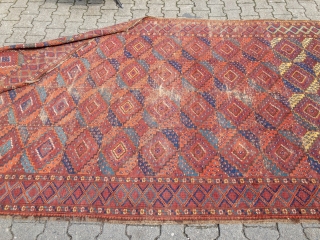 Rare and early Turkmen Ersari main-carpet with beautiful colors and a very nice and unique change of color palette. Size: 335x175cm / 11ft x 5'8''ft some condition problems but still a very  ...