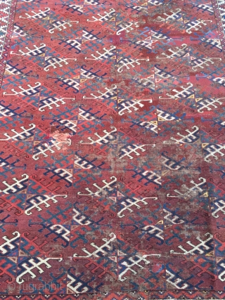 Antique Turkmen Yomud main-carpet with Dyrnak Gul design and a very nice Elem. Age: first half of the 19th century. A very old collector´s piece with some condition problems,    