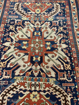 Rare Antique Eagle Kazak rug (Chelaberd / Sunburst), Caucasus circa 1800
A remarkable early example of the famous Eagle Kazak rugs: This rare Chelaberd piece from Karabagh features the iconic "Sunburst" medallion set  ...