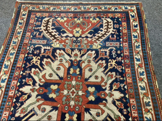 Rare Antique Eagle Kazak rug (Chelaberd / Sunburst), Caucasus circa 1800
A remarkable early example of the famous Eagle Kazak rugs: This rare Chelaberd piece from Karabagh features the iconic "Sunburst" medallion set  ...