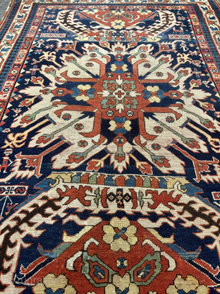 Rare Antique Eagle Kazak rug (Chelaberd / Sunburst), Caucasus circa 1800
A remarkable early example of the famous Eagle Kazak rugs: This rare Chelaberd piece from Karabagh features the iconic "Sunburst" medallion set  ...