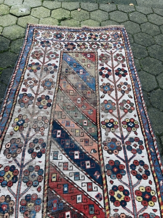 Antique Caucasian rug from an old German collection, good age, very nice colors and beautiful border. Size: ca. 227x111cm / 7'4''ft x 3'7''ft some condition problems but still very collectable.   