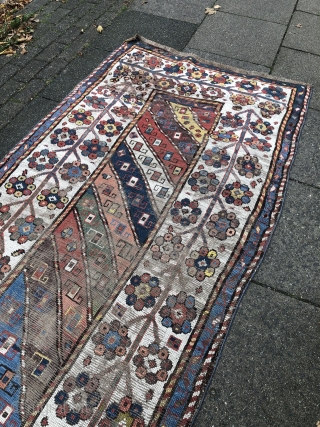 Antique Caucasian rug from an old German collection, good age, very nice colors and beautiful border. Size: ca. 227x111cm / 7'4''ft x 3'7''ft some condition problems but still very collectable.   
