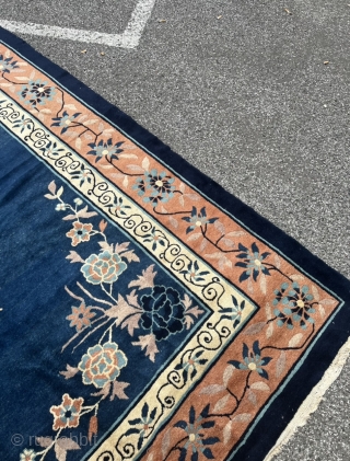 Antique Chinese Peking rug. Very decorative, beautiful blue field color, salmon border. Age: circa 1900, size: ca. 405x310cm / 13’3ft by 10’2ft , some localized wear. www.najib.de      