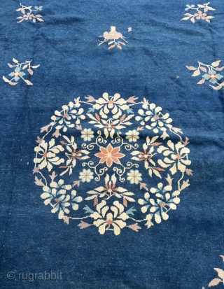 Antique Chinese Peking rug. Very decorative, beautiful blue field color, salmon border. Age: circa 1900, size: ca. 405x310cm / 13’3ft by 10’2ft , some localized wear. www.najib.de      