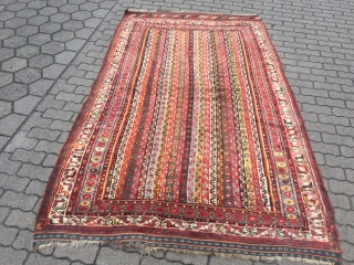 Antique Southpersian Luri tribal rug with beautiful colors, glossy wool and people in the border, size: ca. 260x165cm / 8'5''ft x 5'4''ft , age: 19th century
       