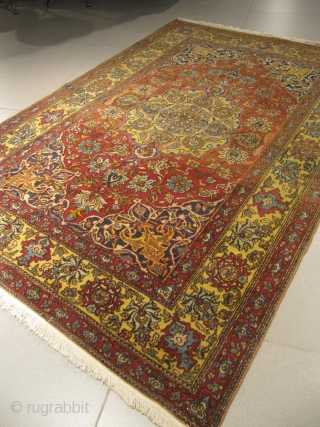 ref: 754 / Isfahan Ahmadi persian antique rug , end of 19th century , even low, mint condition for its age, no repairs. 2.08x1.40, 6'10x4'7.        