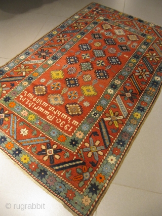 ref: 909 /karabagh shousha caucasian antique rug with armenian inscriptions dated 1930 Description saying " 1930 tevin april megin anahid anofyan", perfect condition for its age , just two small holes repaired  ...