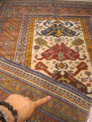 ref: S168 / Kuba Bidjov,caucasian antique rug ,very unusual combination with a tchi tchi border,end of 19th century,excellent condition for its age. 
size: 5'1 x 3'11  /  1.55 x 1.19
Contact  ...
