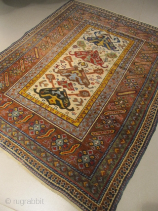 ref: S168 / Kuba Bidjov,caucasian antique rug ,very unusual combination with a tchi tchi border,end of 19th century,excellent condition for its age. 
size: 5'1 x 3'11  /  1.55 x 1.19
Contact  ...
