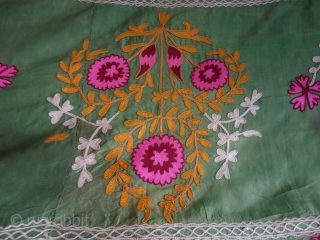 Antique Mint Green Hand Embroidered Silk Suzani

This is an antique suzani which was created in the early 20th century. The base is 100% hand woven fabric called shoi. The begiz style hand  ...