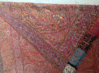 Rare master peace of antique Kashmir shawl Beautiful coloures and very long .excellent weaving 
 It has some moth  holes but over good condition . It measures 11 feet long and  ...