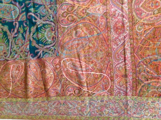 Rare master peace of antique Kashmir shawl Beautiful coloures and very long .excellent weaving 
 It has some moth  holes but over good condition . It measures 11 feet long and  ...