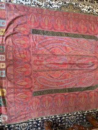 Exceptional antique Kashmir shawl dated 1850 in very good condition and fine weave bright  Colour . I ship it would wide by DHL express shipping is exclusive the price.   