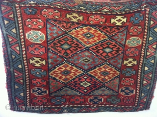 Jaff Kurd Bag size 1.10 x 2.2. Full back ..Kelim on top w/hoops.
Nice saturated colors: Rust, camel, salmon, blue and blue greens.
Needs some repairs on edges.  Bendas Rug Co./ Nick and  ...
