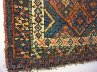 Jaff Kurd Bag size: 2 x 2 . Light to medium blues with soft teracotta.
Missing on ends, needs work. Still pretty!  Bendas Rug Co/Nick and Dianne Bendas
Call for info: 314 862-4410 