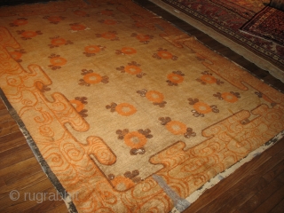 Chinese carpet 8 by 9  Most unusual design, has the handle of an old Peking.Blackish Browns are oxidized.              