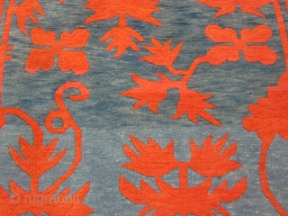 Tibetan khaden, striking design with red-orange floral elements on abrashed blue-green ground,tightly woven with great wool 2'10" by 5'6", c.1920-30             