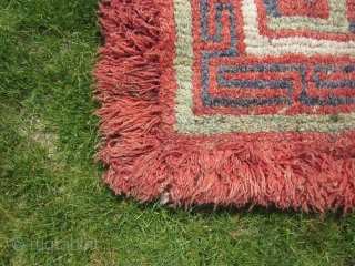 Tibetan wangden, ecclesiastical prayer and meditation rug, excellent condition, before 1900, about 36 by 36 inches.                 