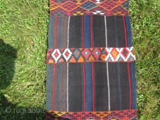 Beduin: Narrow kilim probably made in Jordan on a back strap loom c.1950. Rich colors include some hot dyes. Size: 19 by 162 inches. See last shot for small hole, the only  ...