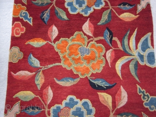 Tibetan Khaden, sitting and sleeping rug, 3' by 5'3",c.1920-30. Dynamic tree of life motif, and lively display of lotuses, all emerging from the sacred mountain (Meru) at the center of the World.  ...