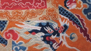 Tibetan mat, organized to copy Chinese silk design. Gelupga order colors. Expert two row repair at top, some fraying of lower selvedge. C.1920-30
SOLD, Thankyou         
