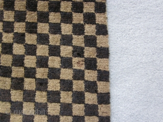 Tibetan classic checkerboard khaden, light brown and dark brown, soft, glossy wool, c.1925  abt 3 by 6 ft. Very good condiiion. SOLD          