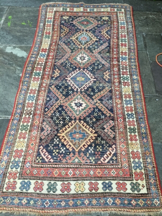 KAzak Shulaver, low pile, original ends, borders redone many years ago, some repiling, late 19th Century.
3'10" x 8'1"
Please see all pictures, colors well reserved only repiled in dark brown that had oxidation.

border  ...