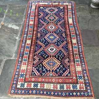 KAzak Shulaver, low pile, original ends, borders redone many years ago, some repiling, late 19th Century.
3'10" x 8'1"
Please see all pictures, colors well reserved only repiled in dark brown that had oxidation.

border  ...