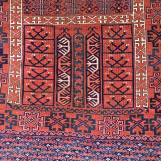 Mid 19th C Antique Ersari Turkmen Ensi Rare 4'4"x6'7" Collectors Piece

As my Akstafa this exceptional Ensi Ersari was part of a private Collection in DC area

Knots assymetric open to the left
Warps :  ...