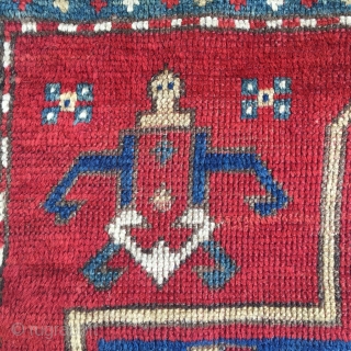 Fachralo Kazak Prayer Rug, Southwest Caucasus, late 19th century, the royal blue mihrab Abrajed upon a rust field, 8 pointed star positioned at Mihrab nich, within an ivory, gold, Royal blue, and  ...