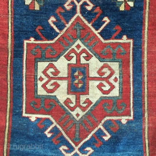 Fachralo Kazak Prayer Rug, Southwest Caucasus, late 19th century, the royal blue mihrab Abrajed upon a rust field, 8 pointed star positioned at Mihrab nich, within an ivory, gold, Royal blue, and  ...