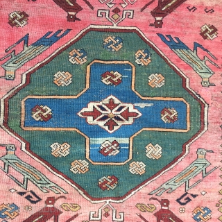 Late 19th C Shusha Garga or Kuba Bird beautiful colors and eagle symbol and Cross, 
3'10" x 5'5"
few small repairs and re-knotting.
A very unique piece for collectors.
Knots : symmetric, pulled slightly to  ...