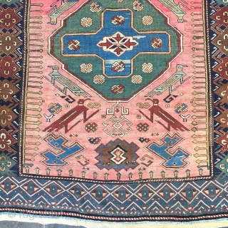 Late 19th C Shusha Garga or Kuba Bird beautiful colors and eagle symbol and Cross, 
3'10" x 5'5"
few small repairs and re-knotting.
A very unique piece for collectors.
Knots : symmetric, pulled slightly to  ...