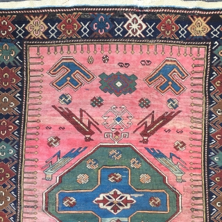 Late 19th C Shusha Garga or Kuba Bird beautiful colors and eagle symbol and Cross, 
3'10" x 5'5"
few small repairs and re-knotting.
A very unique piece for collectors.
Knots : symmetric, pulled slightly to  ...