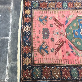 Late 19th C Shusha Garga or Kuba Bird beautiful colors and eagle symbol and Cross, 
3'10" x 5'5"
few small repairs and re-knotting.
A very unique piece for collectors.
Knots : symmetric, pulled slightly to  ...