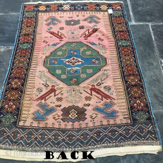 Late 19th C Shusha Garga or Kuba Bird beautiful colors and eagle symbol and Cross, 
3'10" x 5'5"
few small repairs and re-knotting.
A very unique piece for collectors.
Knots : symmetric, pulled slightly to  ...