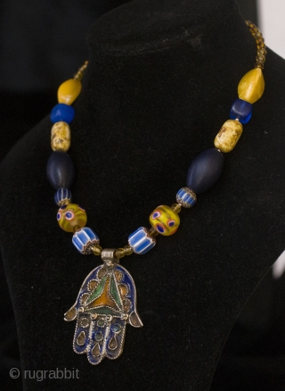 Enameled silver Hamsa amulet from Morocco, mixed Venice and Bohemian glass beads necklace.

Price is including recorded mail international shipping Paypal accepted
            