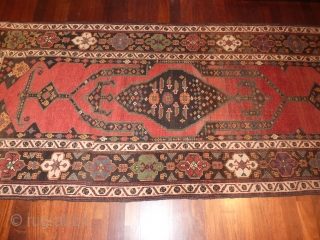 Kurdish piled runner from Sanandag(Senneh) area, 342x134cms, excellent condition with overall even pile and no loss to ends, nice range of all natural colours, interesting central dagger(?) motifs.     