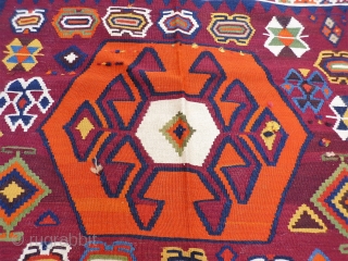 A remarkable antique Qashqai kilim with a dramatic design consisting of three large medallions, and the field filled with scattered motives throught.  The wool soft, shinny and finelly spun.In mint condition.  ...