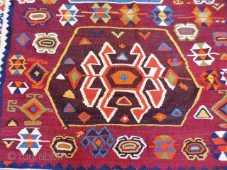 A remarkable antique Qashqai kilim with a dramatic design consisting of three large medallions, and the field filled with scattered motives throught.  The wool soft, shinny and finelly spun.In mint condition.  ...