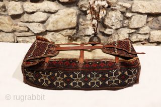 This antique Qashqai mafrash has been woven using only natural dyes. In mint condition. It is slightly smaller than the average Qashqai mafrash. We find this mafrash fascinating, since the back of  ...
