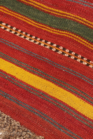 An antique kilim woven by an Uzbek weaver from Northern Afghanistan. The harmonious composition is achieved through the combination of wide plain bands with narrower bands decorated with small floral motifs, their  ...