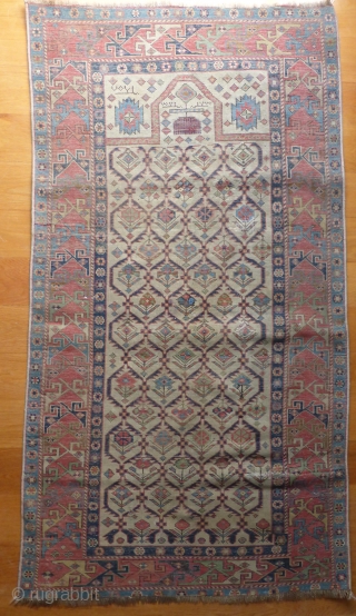 Shirvan Kabistan Marasali prayer rug from southern Shirvan region(dated AH1257, or 1841AD), 154x82cms in good overall condition, low even pile, nice overall colour harmony and design resolution, about 1cm missing from the  ...