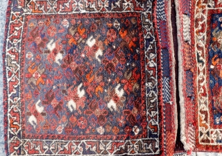 
A very freely designed saddlebag woven by Arabic tribes from South West Iran, with a mixture of flower, plants and botehs that contrasts with a more formal border. Very loooooong pile, with  ...